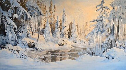 Obraz premium Winter scene with snow-covered trees, sparkling icicles, and a snowy landscape 