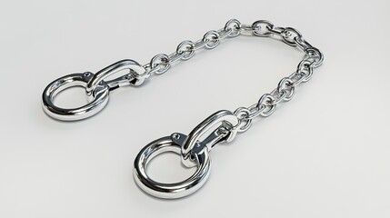 Shiny metallic chain with two rings and hooks.