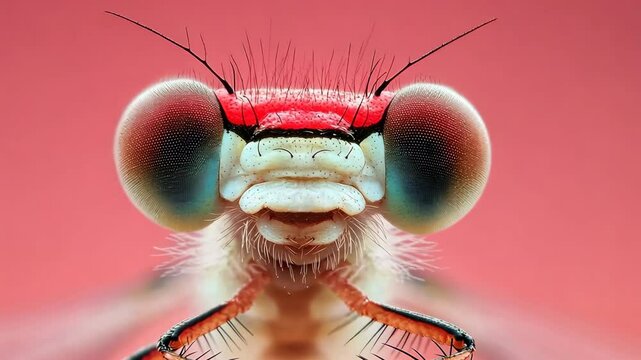 Close-up view of a colorful dragonfly showcasing intricate details of its head and large eyes in natural light