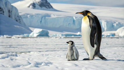Fototapeta premium A majestic adult Emperor penguin stands tall with its small and fluffy chick on the snowy Antarctic landscape