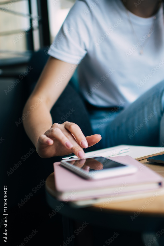 Poster cropped image of female millennial blogger using modern devices and 4g connection for remote job and