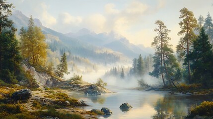Misty Mountain Lake at Sunrise: A Serene Landscape Painting. AI Generated