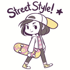 Cute Cartoon Girl with Skateboard in Casual Outfit Showcasing Trendy Street Style Vibe