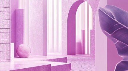 Futuristic pink architecture with geometric columns and soft lighting