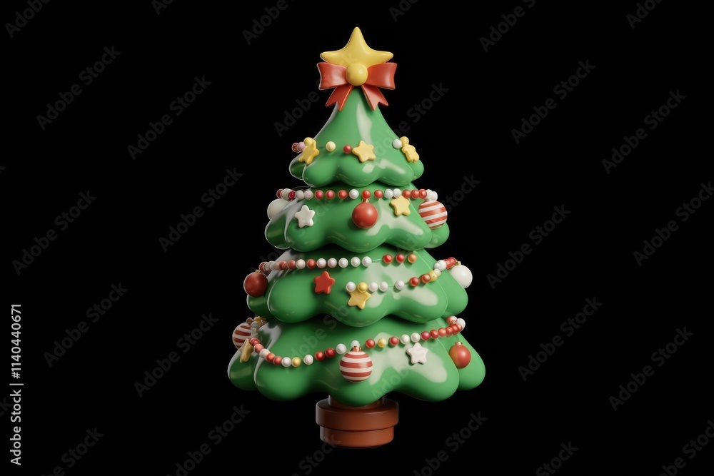 Poster a charming 3d rendered christmas tree adorned with colorful ornaments and a star.