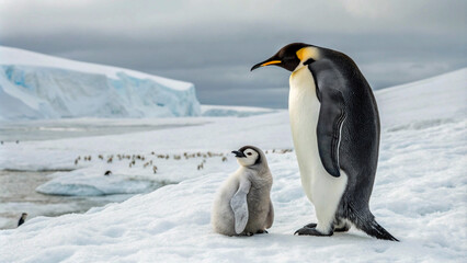 Fototapeta premium A stunning image of a parent and child Emperor penguin amidst the breathtaking Antarctic scenery