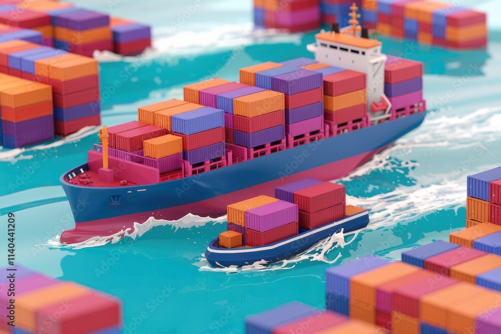 Poster cargo ship sailing on ocean with colorful containers showcasing global trade and logistics.