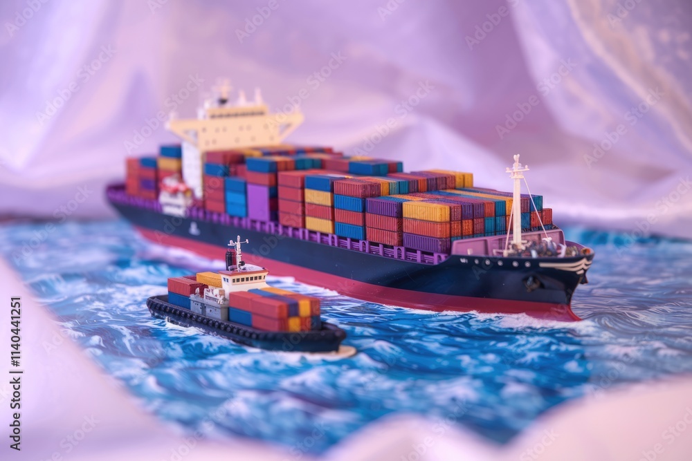 Poster model ocean with container ship and tugboat for global trade.
