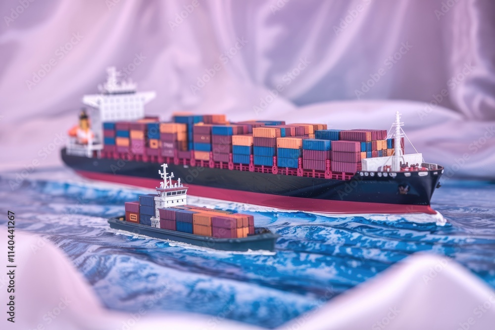 Poster A large container ship and a smaller tugboat navigate the ocean waves.