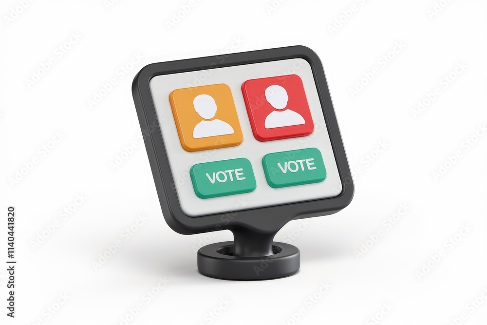 Aufkleber A 3D render of a voting interface with two candidate profiles and vote buttons.