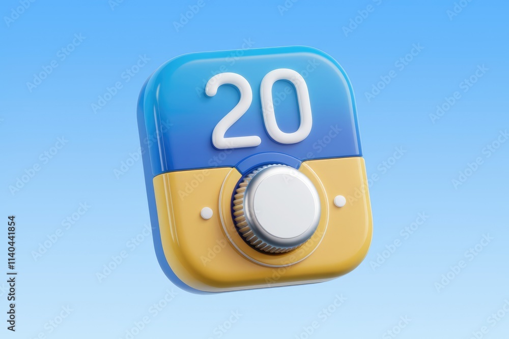 Poster A 3D rendering of a blue and yellow app interface showing the number 20 and a knob.