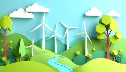 Paper art, renewable energy with green energy such as wind turbines, Renewable energy by 2050 Carbon neutral energy, vector style, with white tones