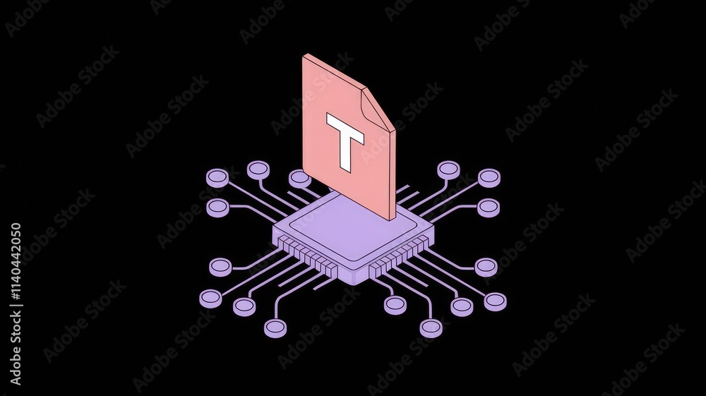 Poster Text file processing on a computer microchip  illustrating data processing and text analysis.