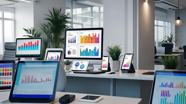 Modern Office Workspace with Multiple Devices Displaying Colorful Data Analytics and Business Graphs

