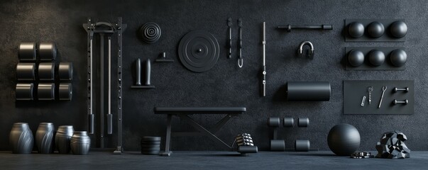 Modern gym interior with sports and fitness equipment on a black wall background - visualization