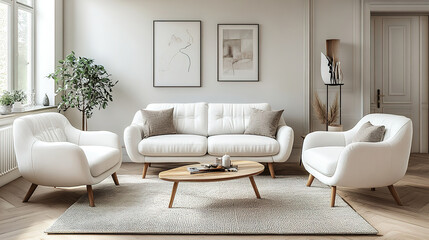 Sophisticated modern living room with Scandinavian-inspired white furniture and clean lines