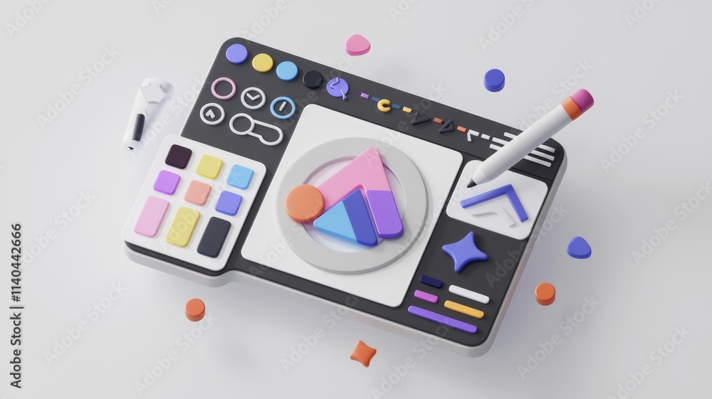 Poster 3D render of a graphic design software interface with colorful tools and a pencil.