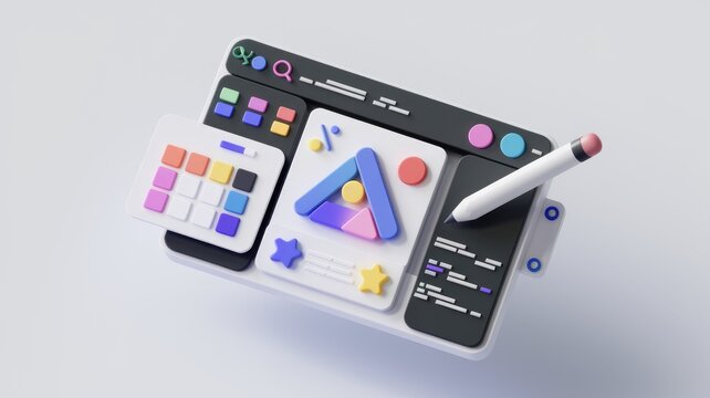 3D render of a user interface design tool with color palettes  code editor and stylus.