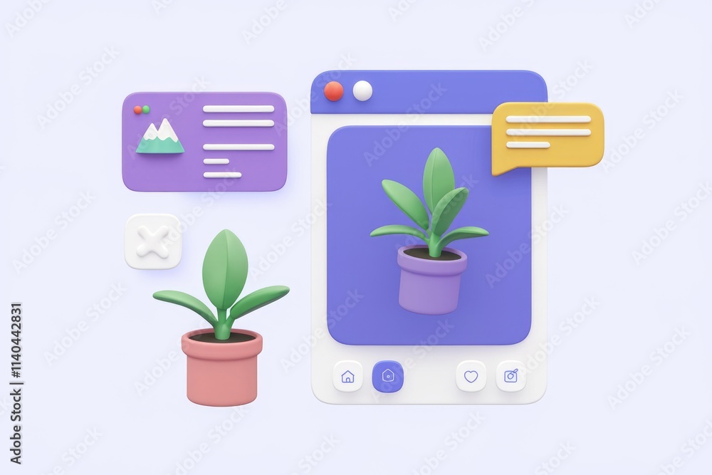 Aufkleber 3d illustration of a plant displayed on a phone screen showcasing ui design elements.