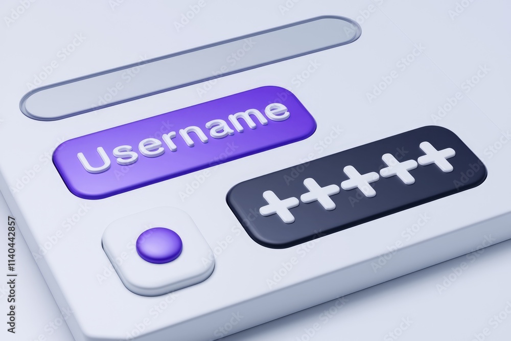 Aufkleber A 3D render of a minimalistic login interface with username and password fields.