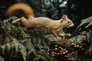 Obraz premium A squirrel mid-stride on a curved branch in a tropical forest