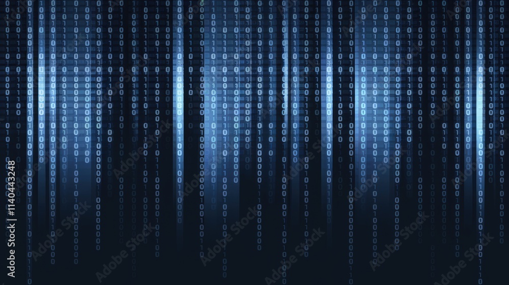 Fototapete Abstract digital background with cascading binary code  glowing blue streams of data.