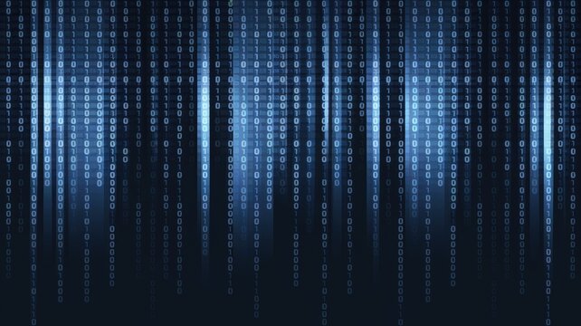 Abstract digital background with cascading binary code  glowing blue streams of data.
