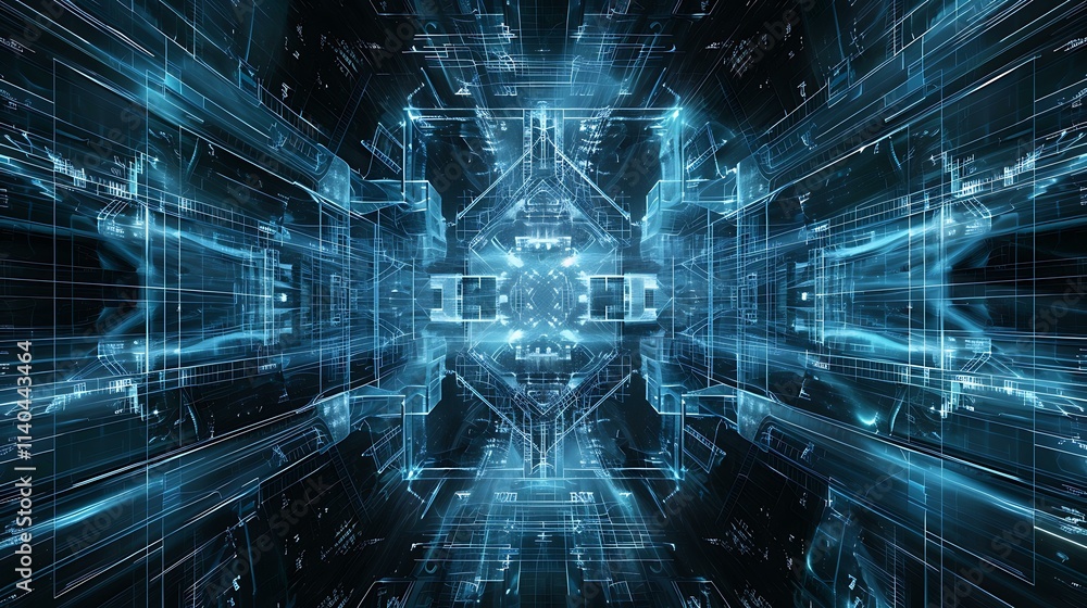 Poster abstract futuristic electronic circuit design with glowing blue and white lines on a dark background