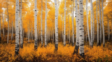 Fototapeta premium A serene forest scene filled with vibrant yellow foliage and white birch trees.