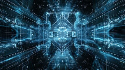 Abstract futuristic electronic circuit design with glowing blue and white lines on a dark background, creating a high-tech digital network vibe, with intricate geometric patterns and subtle