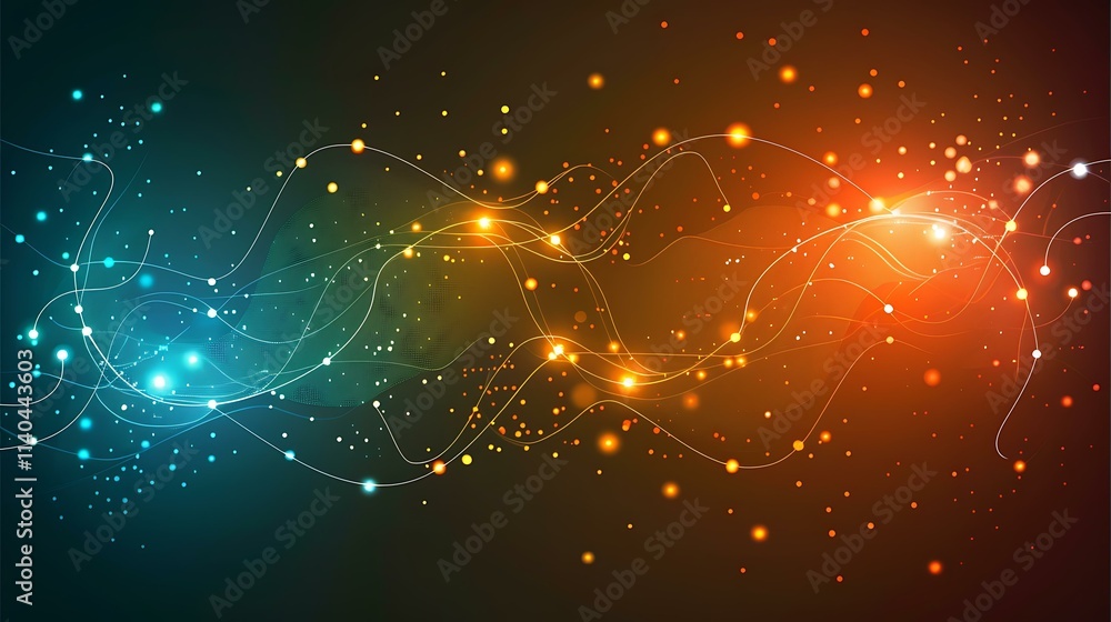 Poster dynamic abstract circuit board design with vibrant orange and teal light effects, showing interconne