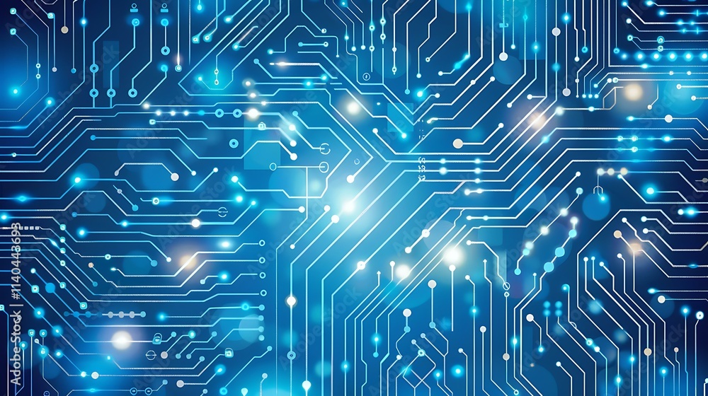 Poster futuristic digital circuitry artwork featuring layered translucent circuit patterns, glowing light t