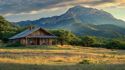 Obraz premium A rustic wooden house in a lush field, framed by majestic mountains under a golden hour sky. 