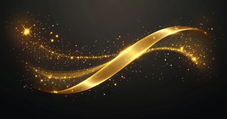Obraz premium Golden wave of light on black, shiny curved lines with glowing dots, luxury glittering gold ribbon for festive card banner