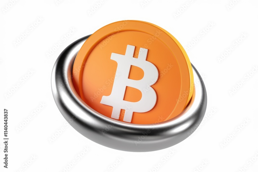 Poster 3D rendering of an orange Bitcoin coin in a silver ring  symbolizing digital currency.