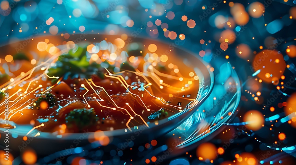 Poster futuristic digital circuitry artwork featuring layered translucent circuit patterns, glowing light t