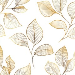 Elegant gold-line leaf-pattern wallpaper on white, seamless and simple aesthetic design