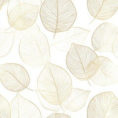 Elegant gold-line leaf-pattern wallpaper on white, seamless and simple aesthetic design
