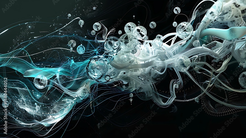Poster High-tech 2D digital art showcasing complex networked circuits with glowing white and aqua details, complemented by subtle depth and shadow effects, set against a matte black background