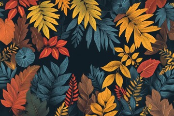 Hand-drawn autumn leaves and foliage background with copy space, flat design style for banner or web poster template