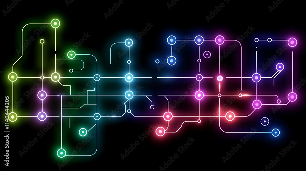 Poster minimalistic 2d illustration of an electronic circuit board with interconnected glowing nodes in a v