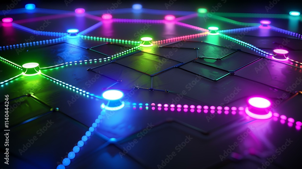 Aufkleber minimalistic 2d illustration of an electronic circuit board with interconnected glowing nodes in a v