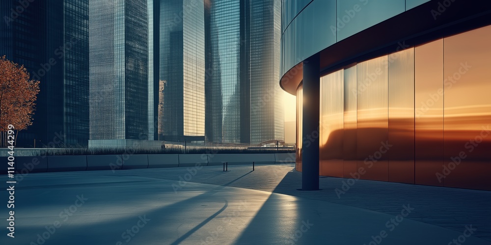 Poster a cityscape with a tall building in the background and a tree in the foreground. the sun is setting,