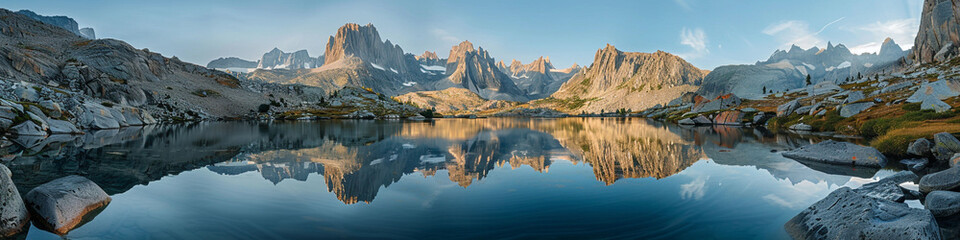 Empty lake sitting between rugged mountains, the calm water reflecting the natural beauty and grandeur of the towering peaks.