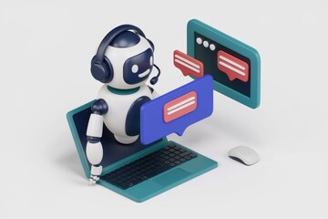 Customer support robot on laptop provides chat assistance.