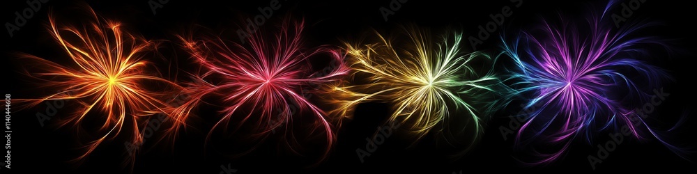 Poster a series of fireworks with different colors and shapes. the fireworks are arranged in a row, with th