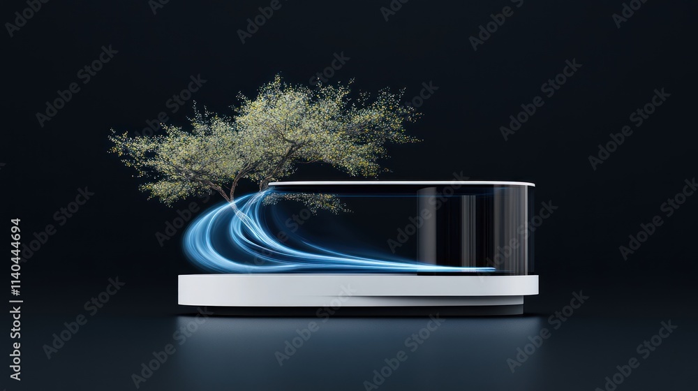 Poster a futuristic display featuring a tree and flowing light effects.