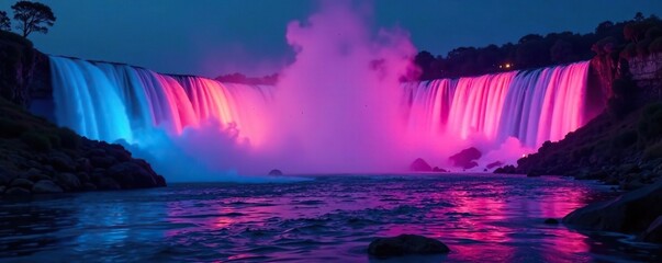 Glistening water at night under colorful LED lighting, , mist, waterfalls