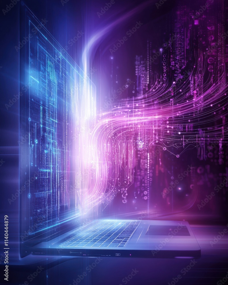 Poster dynamic and vibrant laptop with flowing data streams, illustrating the concept of technology integra