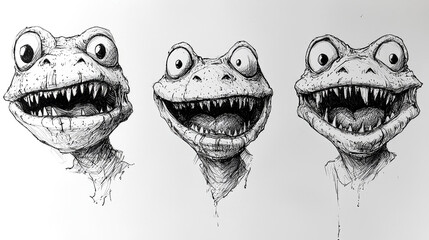Naklejka premium Three cartoonish reptile heads, ink drawing.